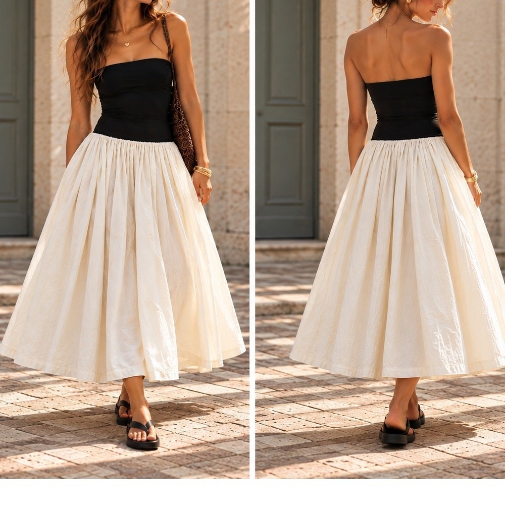 Paper Heart Womens Strapless Colorblock Midi Dress Black Cream Cotton Size M